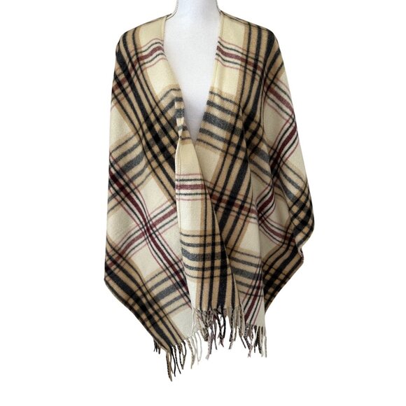 Woolrich Cozy Shawl Wrap Sienna Plaid OS Plaid Wool Shawl Wrap With Fringe - Picture 2 of 11